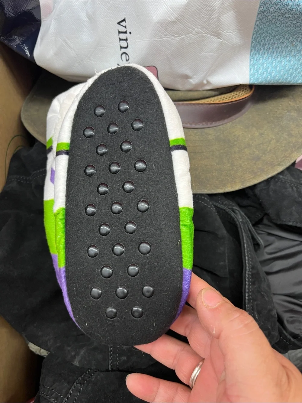 Disney Kids Buzz Lightyear Plush Footie Slippers in Green, Purple & White